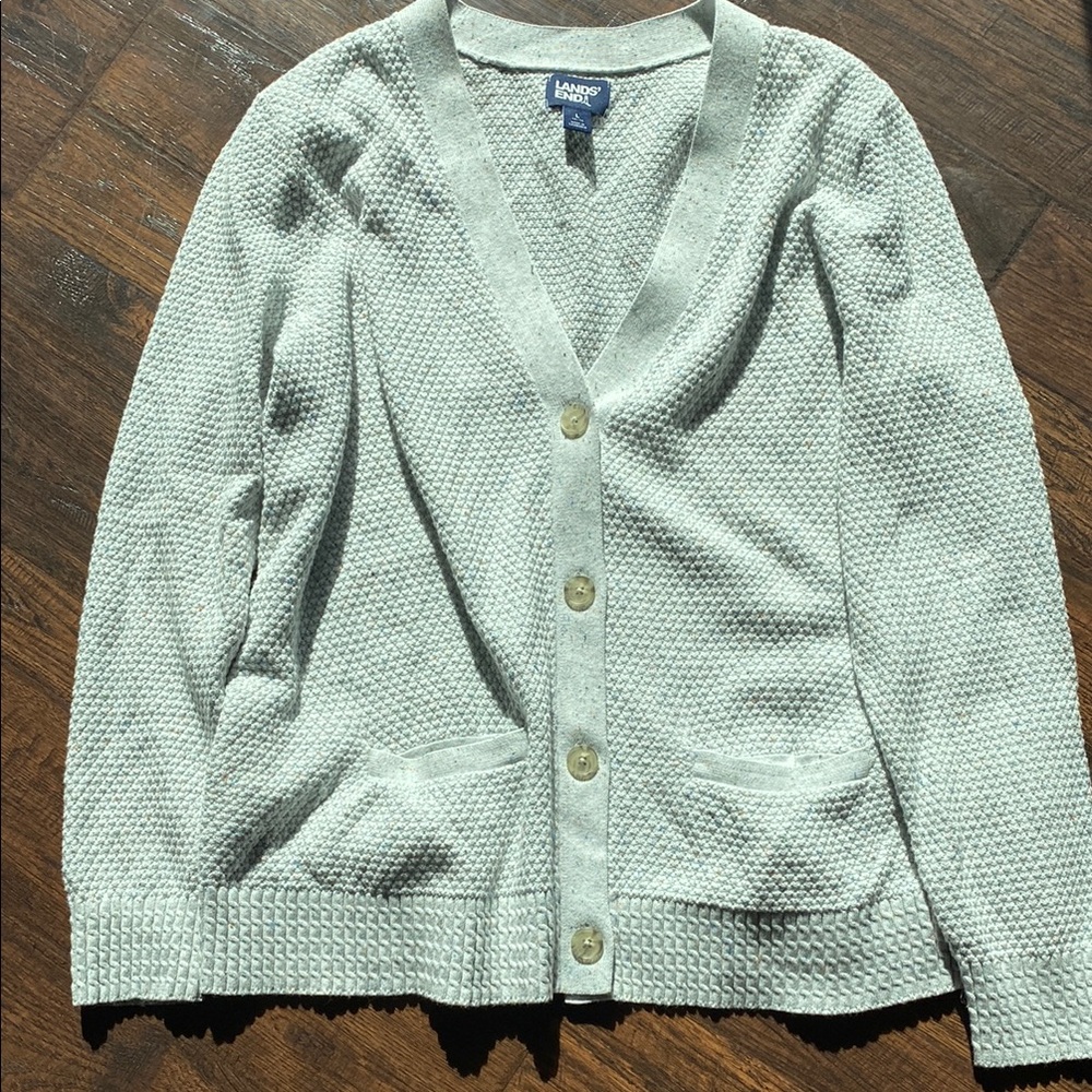 Lands' End Gray Cardigan with V-Neck and Ribbed Cuffs